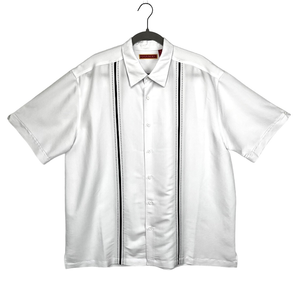⛔️ SOLD! ⛔️ Havanera Men's XL Short Sleeve Shirt White Black Pick Stitch Panels